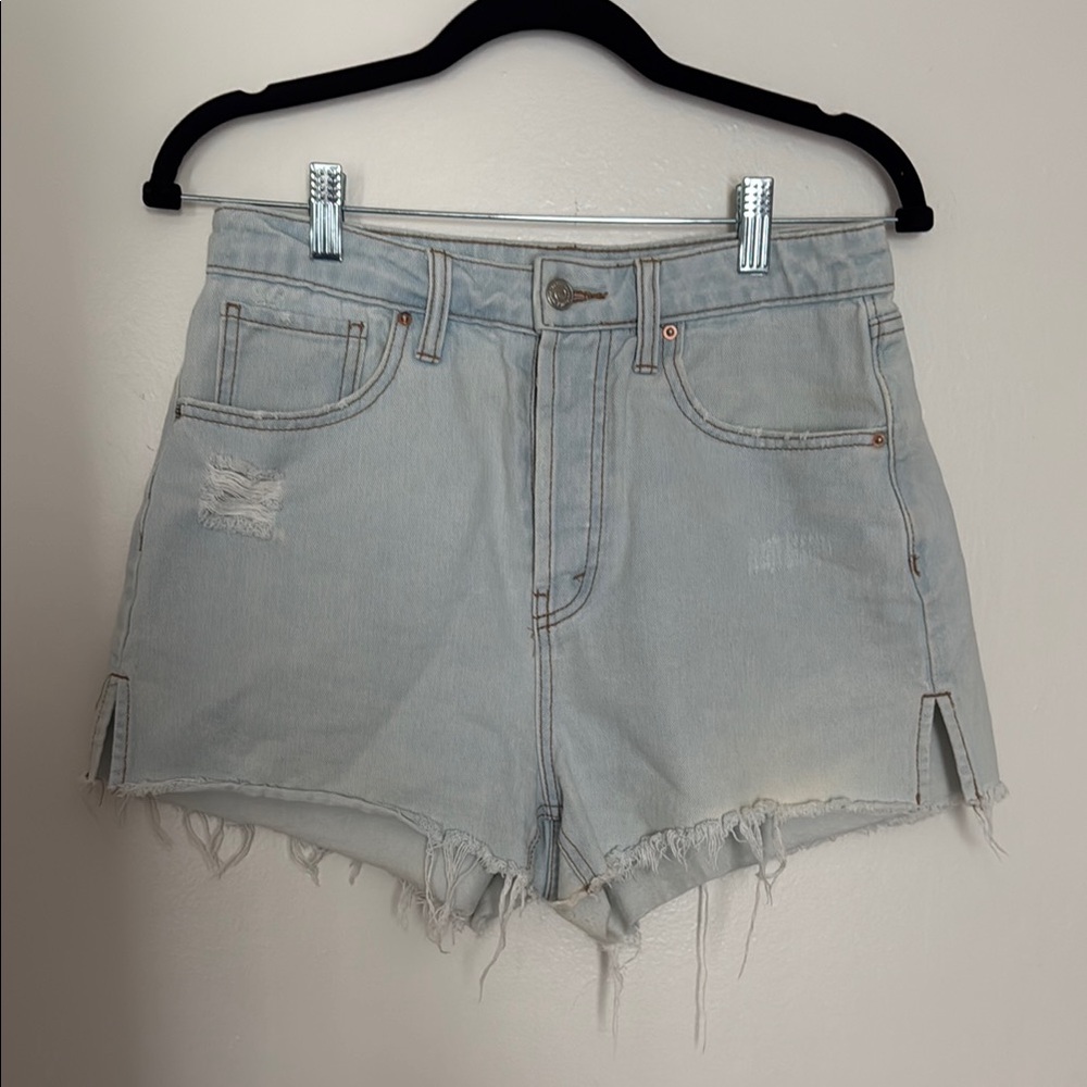 Blue Jean Shorts with Distressed Raw-Cut Hem